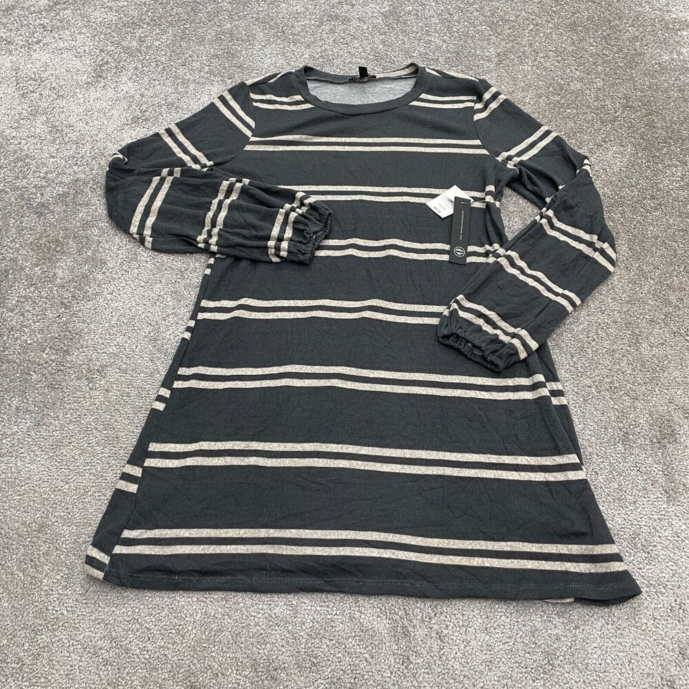 As U Wish Sweater Dress Womens Large Dark Gray Striped Long Sleeve Crew Neck NWT
